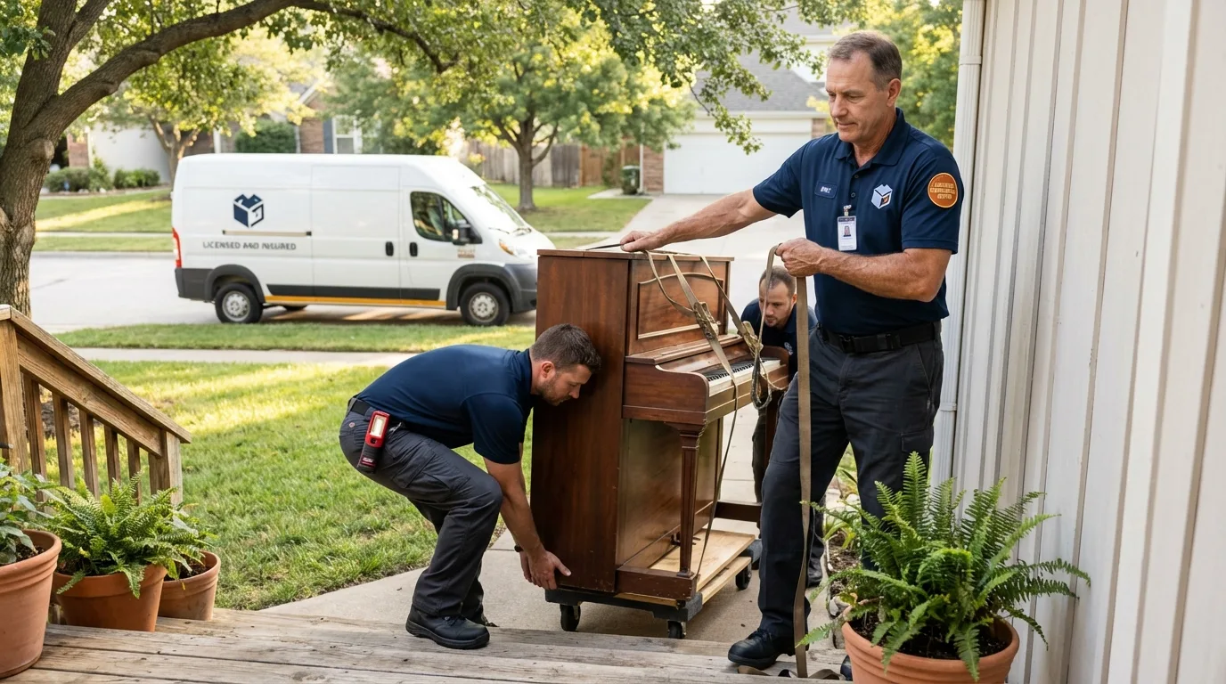 Licensed piano movers securing grand piano in Westfield, WI