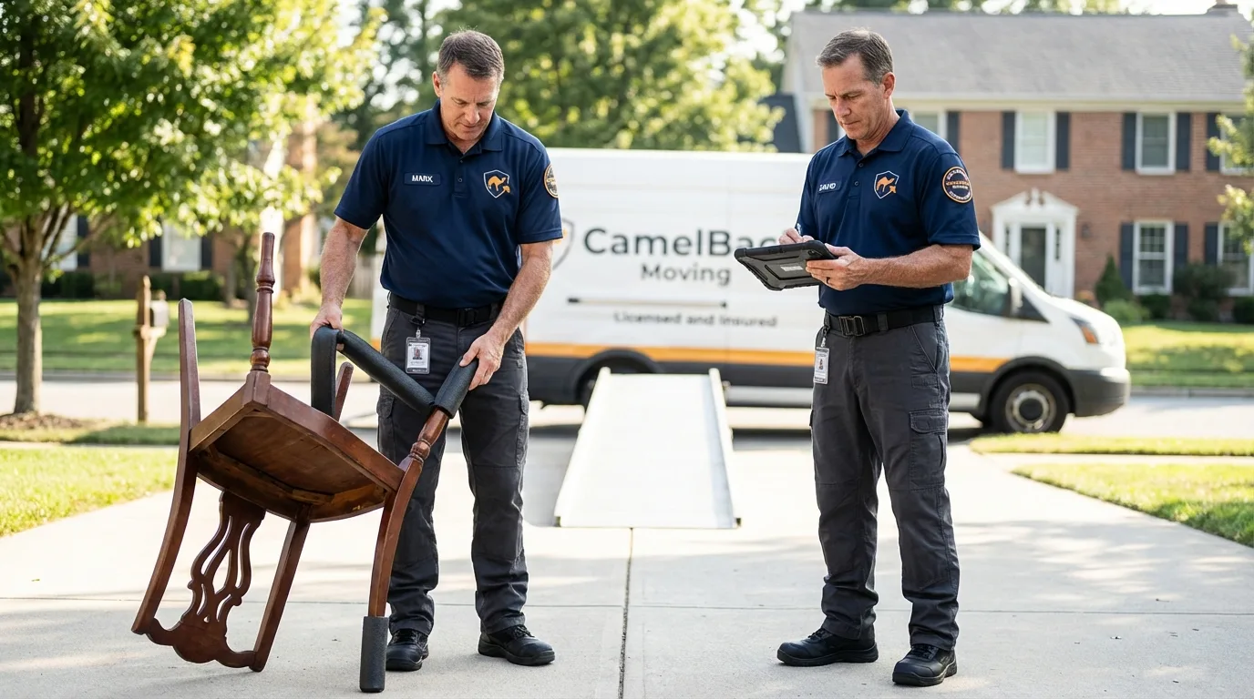 Movers inspecting furniture for damage prevention before loading in Westfield, WI